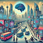 Urban street art style illustration of a futuristic AI cityscape in Jakarta