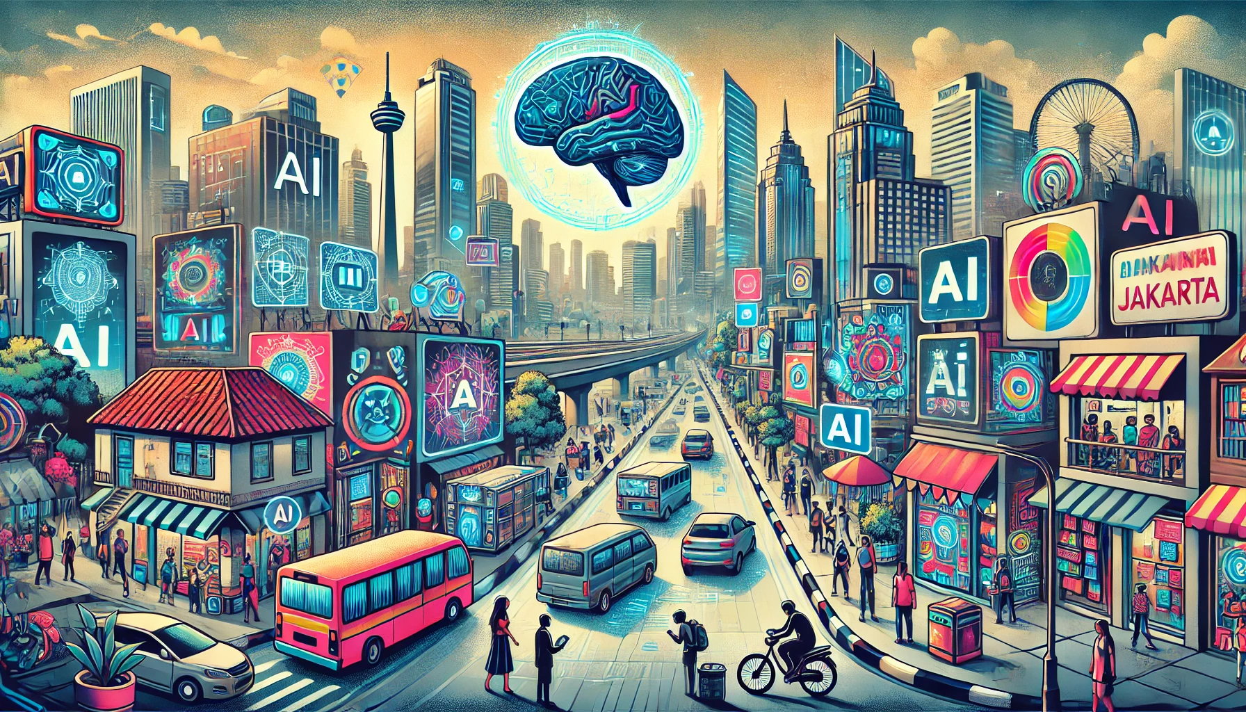 Urban street art style illustration of a futuristic AI cityscape in Jakarta