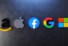 The Big Five Of Tech. Three Dimensional Logos Of Tech Giants