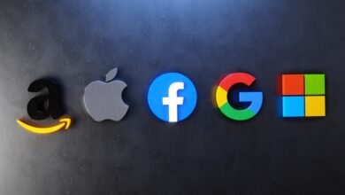 The Big Five Of Tech. Three Dimensional Logos Of Tech Giants