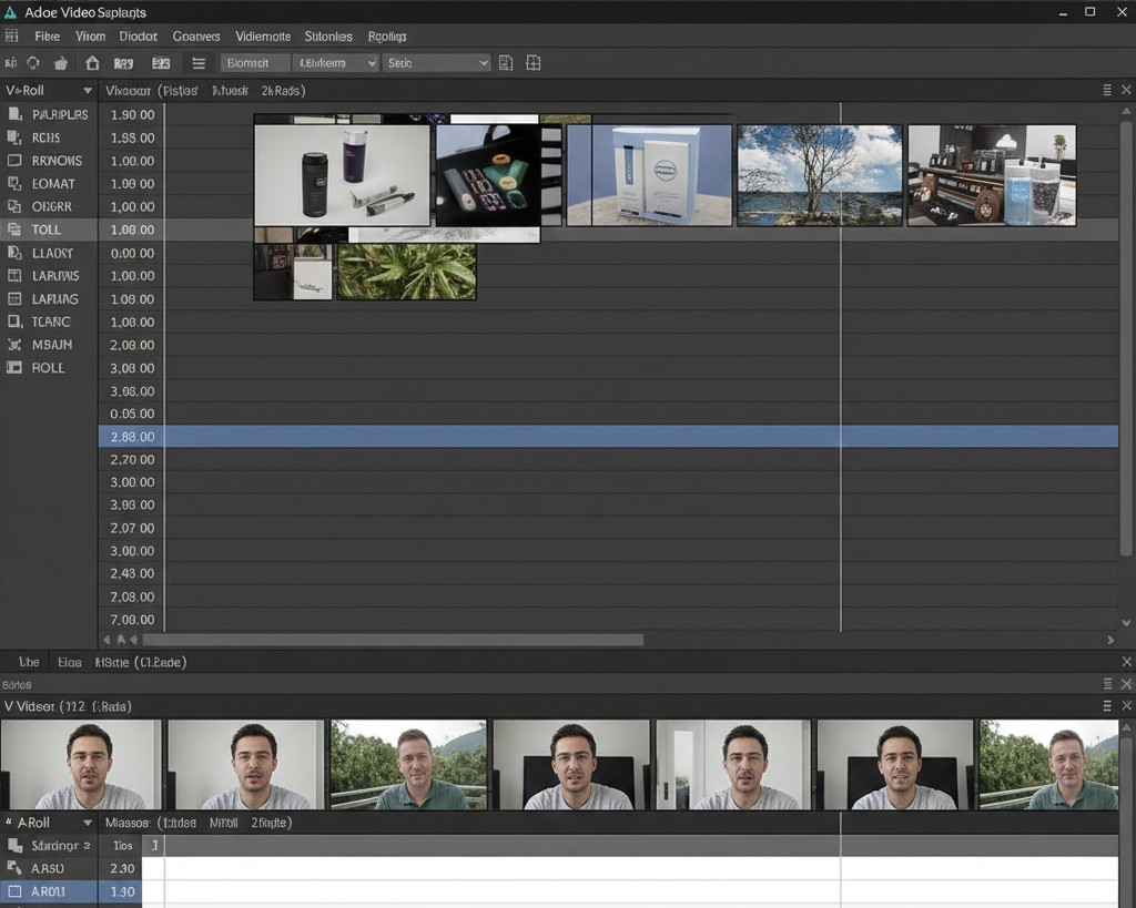 Tampilan timeline yang menunjukkan A Roll di V1 dan klip B Roll yang tumpang tindih di V2 cr